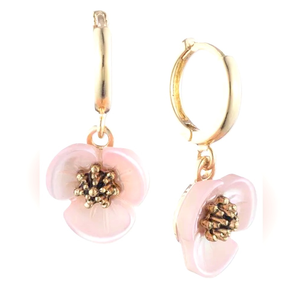 Gold-Tone Imitation Mother-of-Pearl Flower Drop Off Small
Hoop Earrings